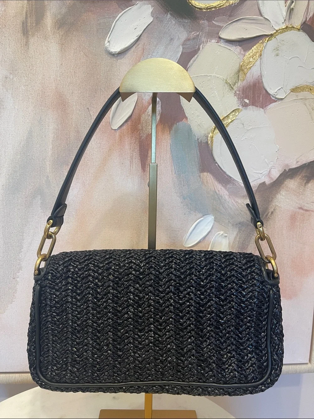 NWOT Tory Burch Small Kira Chevron Lacquered Raffia Shoulder Bag